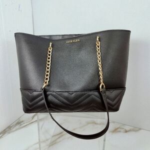 Anne Klein Black Chevron Faux Leather Gold Tone Chain Work Tote Shoulder Bag